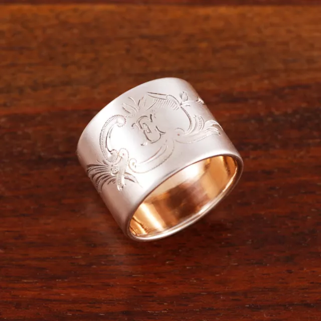 Wilkens German 800 Silver Gilt Napkin Ring Satin Bright Cut Florals E Monogram