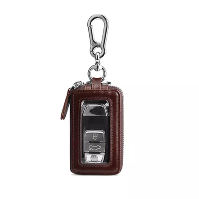 Double Layers Genuine Leather Car Key Holder Case Keychain Bag Zipper Pouch