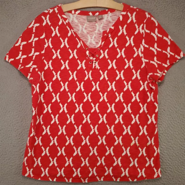 Chico's Blouse Womens 2 Large 12 Top Red White Patterned Lace Up Accent Neck