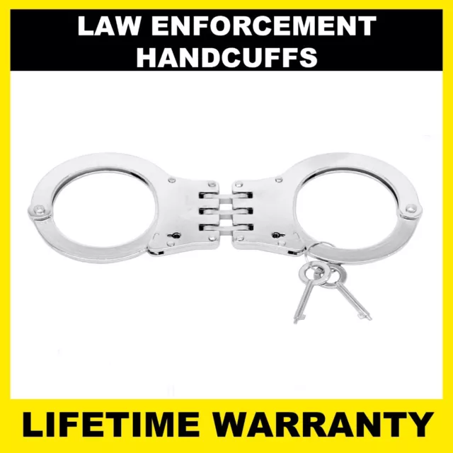 POLICE Handcuffs Professional Heavy Duty Metal Steel Hinged Double Lock - Silver