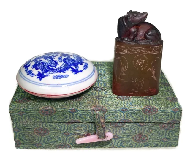 “Izabella” Carved Stone Stamp Dog Asian Porcelain Dragon Ink Bowl