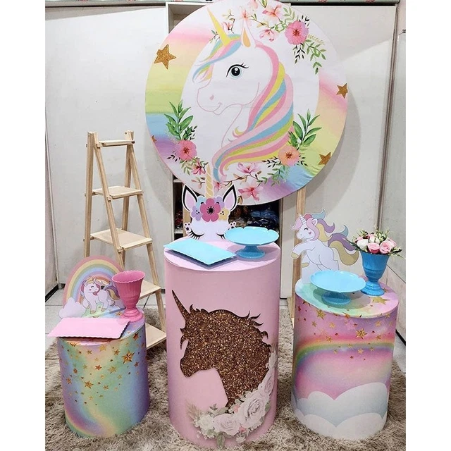 Pink Floral Unicorn Round Birthday Backdrops