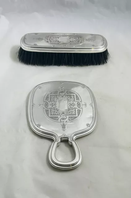 Antique 2 Piece Sterling Silver Vanity Set Mirror And Clothes Brush