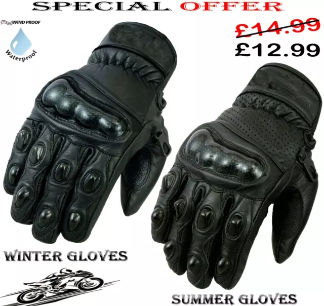 Mens Carbon Knuckle Short Winter Or Summer Motorbike / Motorcycle Leather Gloves