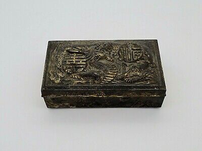 Antique Japanese Antimony Trinket or Cigarette Box Decorated With Dragons
