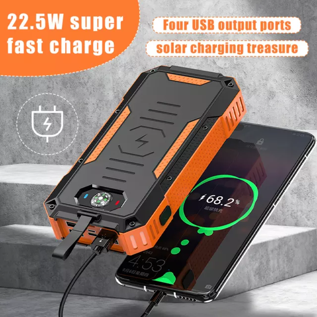 Qi Wireless Solar Power Bank 30000mAh USB Portable Fast Charger External Battery