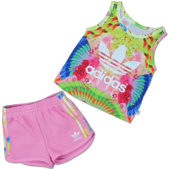 Adidas Bambini Piuma Fiore Trefoil Set 2-TEILIG Ragazza Shorts Tank Top Rosa