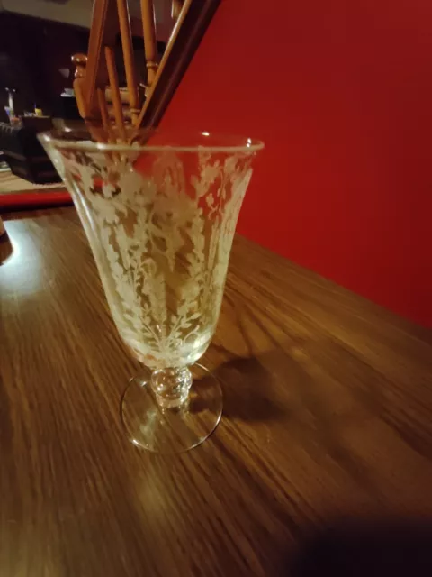 One Clear Glass Etched Goblet, Flower pattern. 7" tall