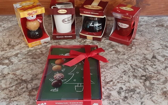 4 Tim Hortons Christmas Ornaments in boxes & Timbit Christmas Cards NEW