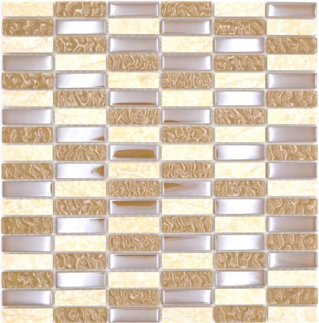 Pietra naturale mosaico vetro beige lucido parete cucina bagno doccia - MOS87-SM128_f