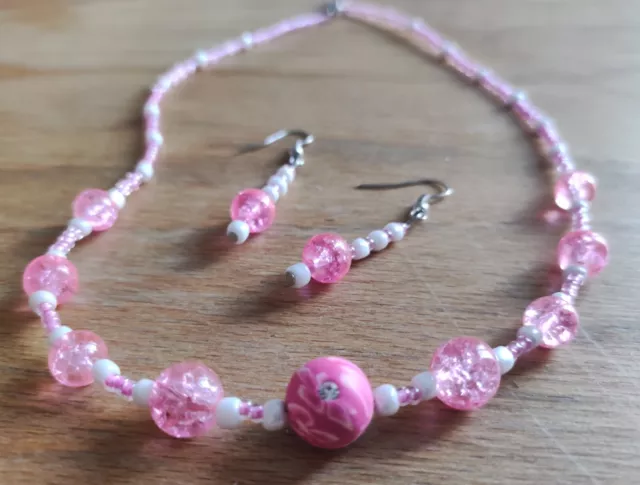 Set Kette Ohrringe pink rosa Perlenkette Modeschmuck Ohrhänger