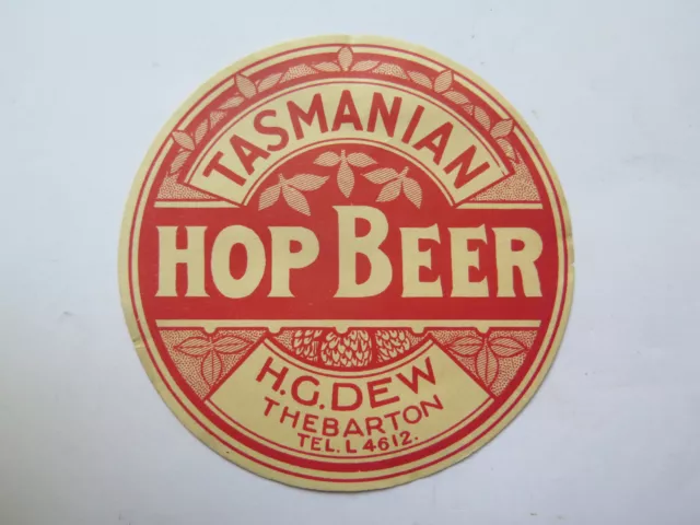 H G DEW or DEWS TASMANIAN HOP BEER LABEL THEBARTON SOUTH AUSTRALIA c1960s