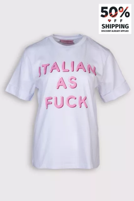 RRP€110 CHIARA FERRAGNI T-Shirt Top Size XS 'ITALIAN AS F*CK' Turn-Up Sleeve