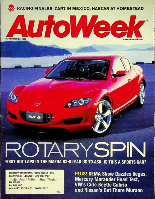 AutoWeek Magazine November 25, 2002 Mazda RX-8, Mercury Marauder, VW Beetle