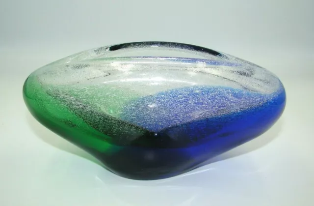 Murano Glass Blue Green & Clear with Bubbles Oval Bowl Vase