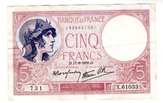 FRANCE Billet 5 FRANCS ( 1932 -1939- 1940  ) VIOLET  BON ETAT