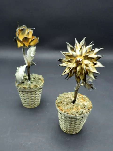 Rancho Alegre Taxco Mexican Silver Potted Rose & Daisy Basket Topiaries Pair 2