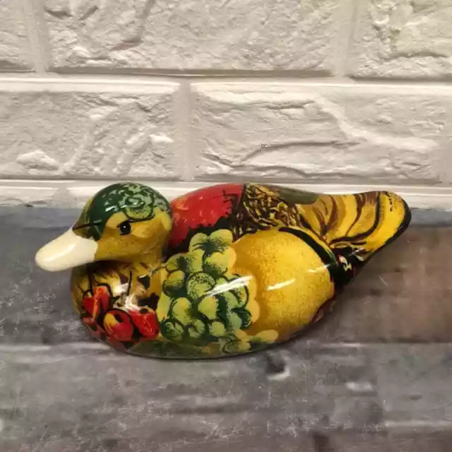 Vtg Enesco Decoupage Ceramic Duck Mallard Decoy Figurine 11" Long Fruit decor