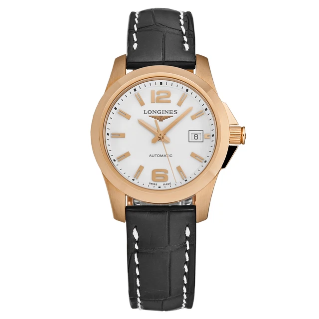 Longines Womens 'Conquest' White Dial Black Strap Automatic L3.276.8.16.3