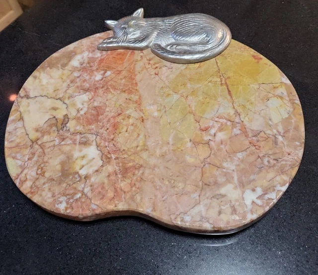 Vintage Earth Tones Marble & Pewter Cat Cutting Cheese Board  Chopping  11x9"