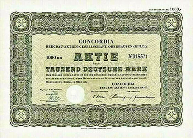 € 5 Lot 10 Concordia Bergbau Oberhausen Aktien 1952 Kohlen Bergwerk Zeche Chemie