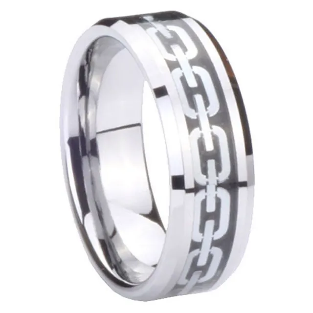 8mm Tungsten Carbide White Chain Design Men Bands Ring Size 6 to 13