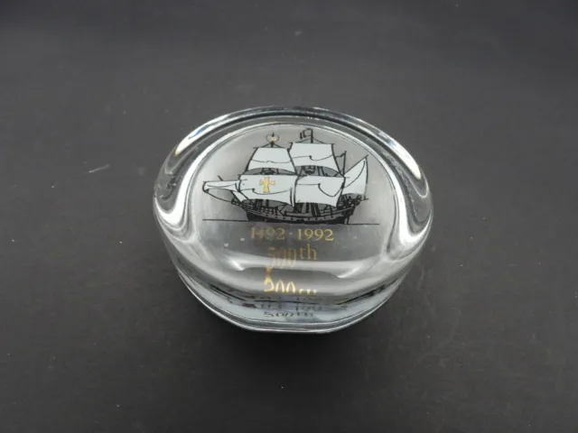 Vintage Christopher Columbus 500 Year Commemorative Ship Glass Paperweight