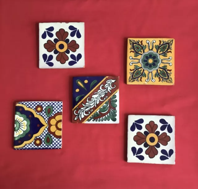 VINTAGE SET OF 5 CERAMIC HANDCRAFTED MEXICAN TILES 4” x 4” WITH HANGERS