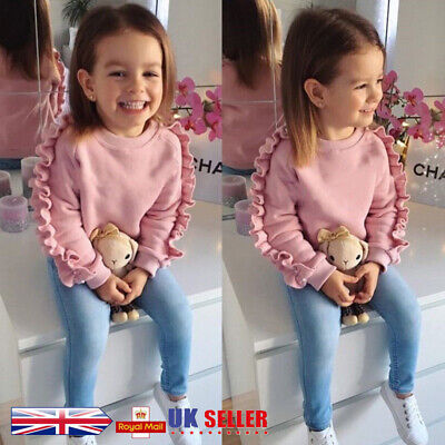2PCS Toddler Kids Baby Girl Clothes Ruffle Tracksuit Denim Pants Jeans Outfit