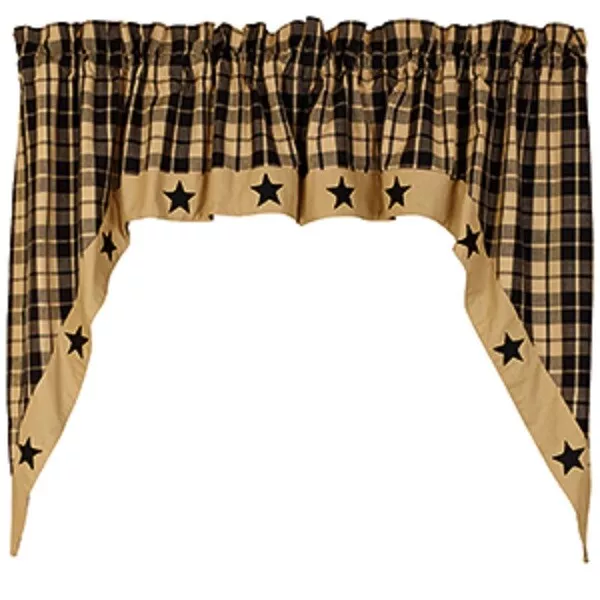 Black Farmhouse Star Check Window Swags Curtains, 72" x 36", Country Primitive