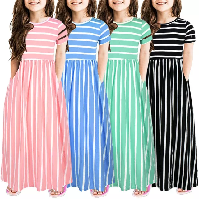 Toddler Baby Girls Short Sleeve Striped Print Dress Casual Kids Dresses Clothes