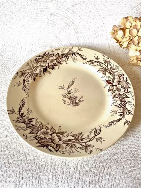 🌼 Superbe PLAT rond TERRE de FER HB & Cie Choisy le Roi~~ décor églantine sépia