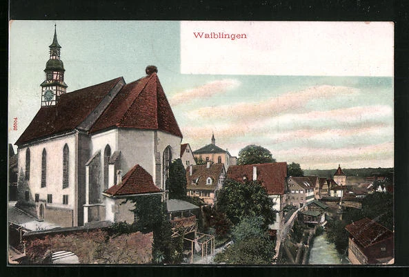 AK Waiblingen, Teilansicht mit Kirche 1908