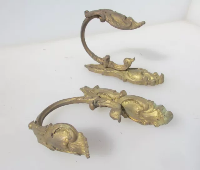 Antique Brass Curtain Tie Backs Hooks French Old Victorian Rococo Leaf Vintage