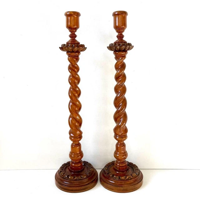 Pair of Antique Finely Turned Tapered Barley Twist 16.5in Candlesticks Quality