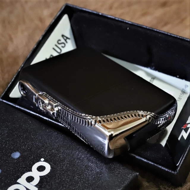 Zippo Side Zipper Black & Silver Brass Double Sided Processing Japan Oil Lighter
