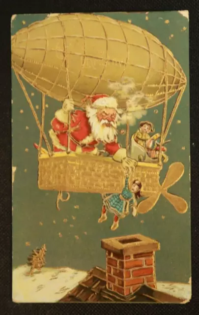 1908 Merry Christmas Santa Claus of the Future Zeppelin Blimp Airship Postcard