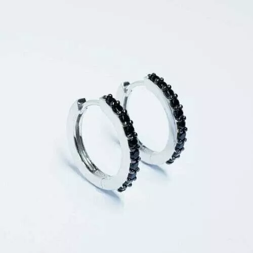 0.50Ct Round-Cut Black Natural Diamond Huggie Hoop Earrings 14K Real White Gold