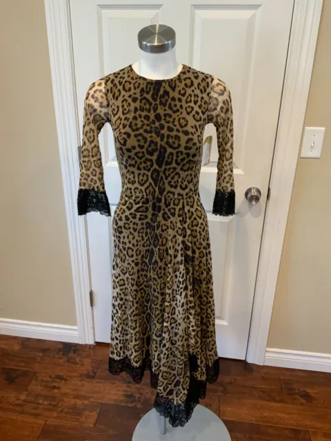 Fuzzi Tan Mesh Leopard Print Long Sleeve Sleeve Midi Dress, Size XS