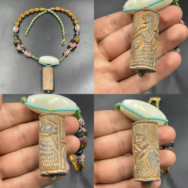 Ancient Roman Glass Bead Mosaic Glass With White Agate Ancient Cylinder Necklace