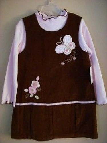 Girls Samantha Says 2PC Corduroy Jumper & Top Set Pink w Brown Jumper Flower
