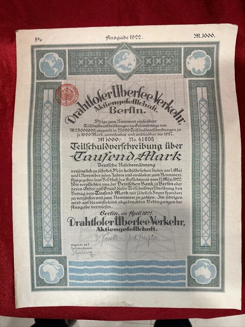 GermanyVintage 5%. Bond 1000 Mark Drahtlofer Uberfee-Verkehr 1922