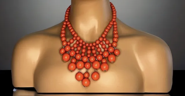 Vintage Lucite Bib Necklace Chunky Beads Coral Salmon Gold Tone Layered Boho MCM