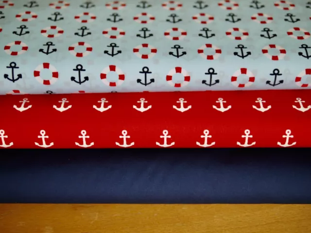 maritimes Stoffpaket ANKER & uni, 100% Baumwollstoff, Popeline, 3 x 25x145 cm