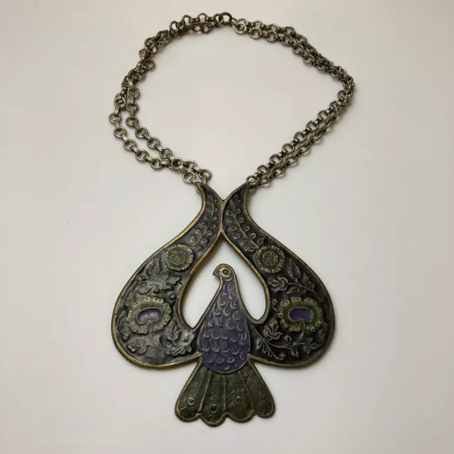 Vintage MCM Enameled Brass Bronze Metal Necklace India Peacock Bird Pendant