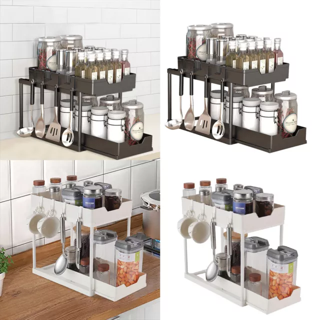 2Tier Pull-out Spice Rack Kitchen Under Sink Storage Shelf Counter Top Organizer