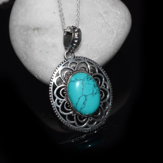 Blue Turquoise Gemstone Oval Pendant Chain In Brass Sacred Geometry Necklace