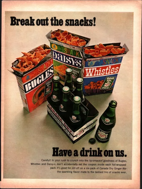 1966 Canada Dry Ginger Ale Vintage Print Ad GF Snacks Bugles Daiseys Whistle a3