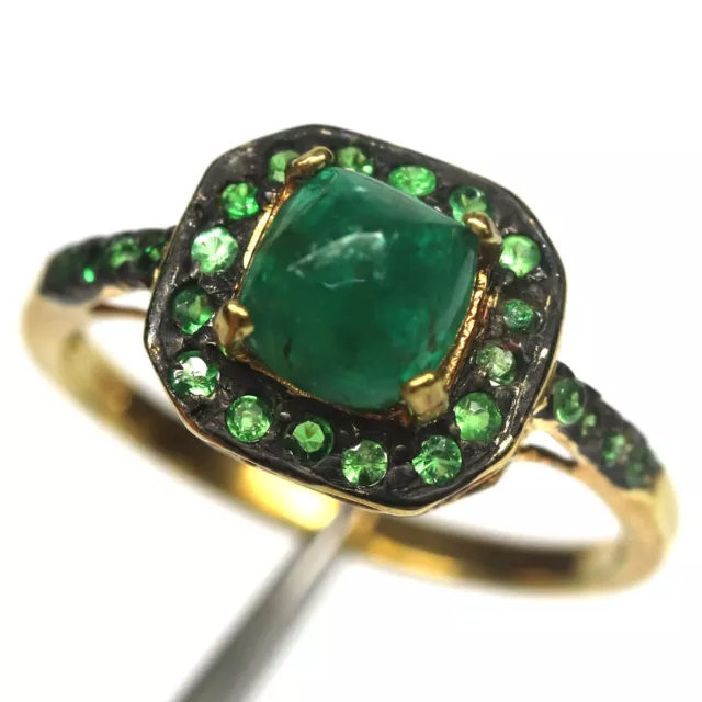 Gemme Vert Émeraude & Tsavorite Bijoux Bague 925 Argent 18K Or Taille 7.5