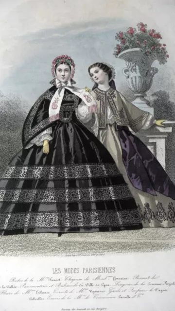 19th century ANTIQUE FASHION ENGRAVING - LES MODES PARISIENNES - FAUVEL HOUSE DRESS
